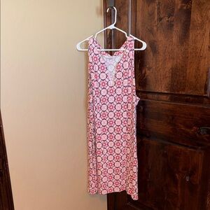 Lands' End Pink and Navy Patterned Midi Sleeveless V-neck Dress 3X